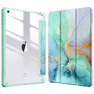 Afbeelding van Fintie Hoes Compatibel met 10,2 inch iPad 9. 2021/8 generatie. Generatie 2020/7. NL 2019 &quot;Ingebouwde pennenhouder&quot; schokbestendige afdekking, transparante, transparante harde schaal achterhoes, smaragdmarmer