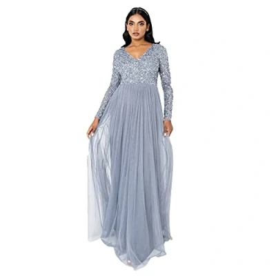 Afbeelding van Maya Deluxe Dames Jurk Mouw Voor Bruiloft Gast V hals Hoge Rijk Taille Maxi Lange Lengte Avond Bruidsmeisje Prom, Dusty Blauw, 50