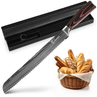Afbeelding van KUOGAS Broodmes met gekartelde rand van hoogwaardig roestvrij staal, extra scherp mes ergonomische handgreep Pakka hout (20 cm Broodmes) (26