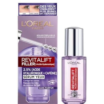 Afbeelding van L&#039;Oréal Paris Oogserum tegen rimpels en wallen onder de ogen, met zuiver hyaluronzuur cafeïne, innovatieve drievoudige tip, lifting revitalizer, 20 ml