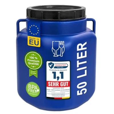 Afbeelding van plasteo® 50 liter brede hals met deksel en handgrepen, vierkant, blauw, geschikt voor levensmiddelen BPA vrij, kunststof vat, universeel dekselvat, watervat, regenton, opslagvat