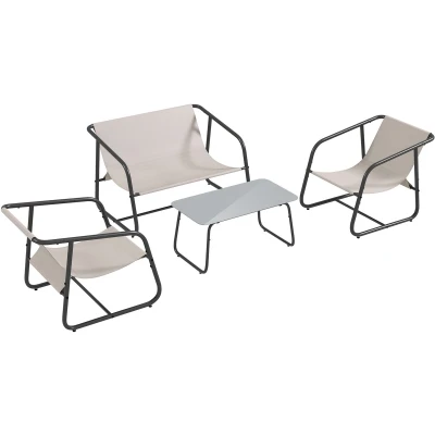 Afbeelding van Outsunny 4 tlg. Gartenmöbel Set, Sitzgruppe mit 2 Sesseln, 1 Zweisitzer, Couchtisch aus Hartglas, Gartengarnitur für Balkon, Terrasse, Mesh, Creme