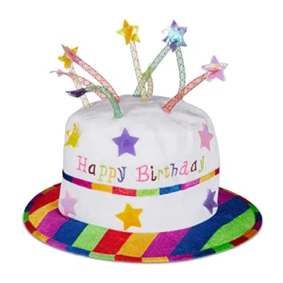 Afbeelding van Relaxdays Happy Birthday hoed taart feesthoed verjaardag pluche verjaardagshoed