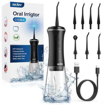 Afbeelding van Sejoy waterflosser draadloos oplaadbaar, waterflossers voor het reinigen en flossen van tanden, beugels kinderen orale irrigator 14 druk DIY modus 7 straaltips, IPX7 waterdicht