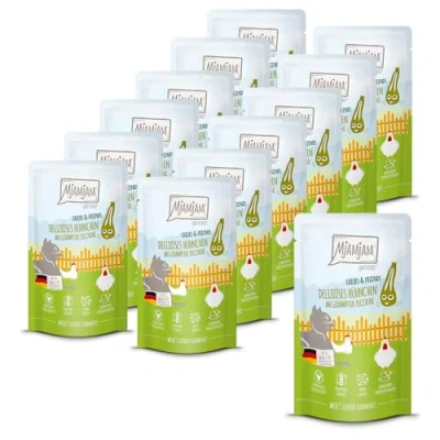 Afbeelding van MjAMjAM Premium natvoer voor katten Quetschie Chicks &amp; Friends heerlijke kip met gestoomde courgette, 12 verpakking (12 x 125g), graanvrij
