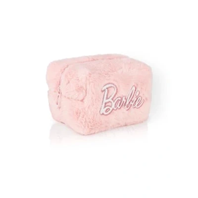Afbeelding van Barbie Womens pluizige make up tas Dames All Over Bont met Geborduurd Logo in Roze Klassieke Zip Cosmetische Opbergtas Doll Kleding Container voldoende opbergruimte