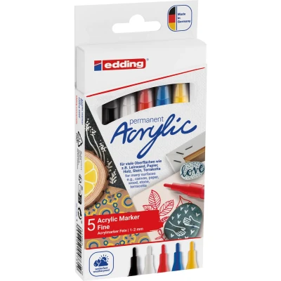Afbeelding van edding 5300 acrylverf stiften 5 basis kleuren acryl ronde punt 1 2 mm zwart, verkeersrood, gentiaanblauw, zonnig geel en verkeerswit Watervaste inkt