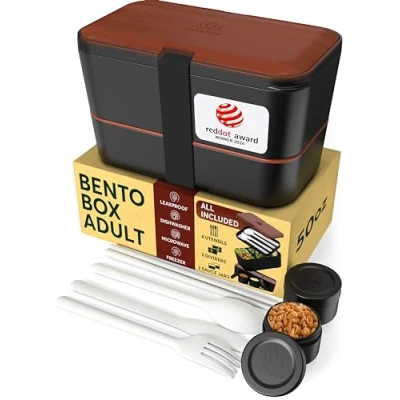 Afbeelding van Umami Grote Bento Box Volwassen Lunchbox Ruimtebesparend Nestable Design met 4 gebruiksvoorwerpen, 2 sauspotten, veelzijdige, lekvrije lunchbox, magnetronbestendig, vaatwasmachinebestendig,