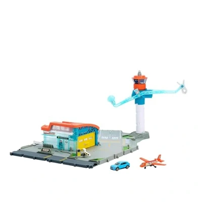 Afbeelding van Matchbox Speelset met Speelgoedauto&#039;s, Luchthavenset 1 metalen Audi op schaal 1:64, kunststof vliegtuig, opstijg en landingsfunctie, opbergruimte, Vliegavontuur speelset, JBW37