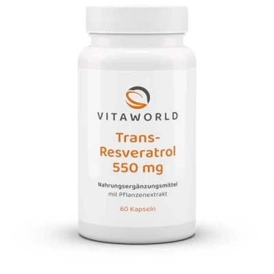 Afbeelding van Vita World Trans Resveratrol 550 mg uit Japans Duizendknoop Extract 60 Capsules Veganistisch/Vegetarisch Gemaakt in Duitsland