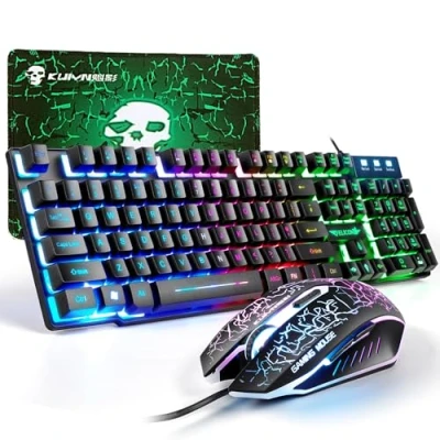 Afbeelding van Gaming Toetsenbord en Muis Set, 104 Toetsen Rainbow Backlit QWERTY + 2400 DPI 4 Knoppen Ademhalings GRATIS Muismat Combo, USB Bedraad Compatibel met PS4, XBox (Adapter Nodig) Zwart