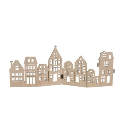 Afbeelding van Spetebo Decoratieve skyline van hout, inklapbaar, 50 x 22 cm, naturel, stadsilhouet voor tafeldecoratie Kerstmis, kerststad, huisregel