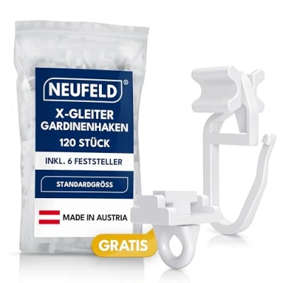 Afbeelding van NEUFELD® 120 X glijders (incl. 6 vergrendelingen) gordijnglijders in standaardformaat gordijnhaken voor rails gordijnrolletjes