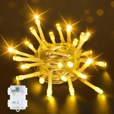 Afbeelding van Bowfar Batterij Fairy Lights, 2M 20 LED Warm Wit Lights Werkt met 6h Timer, IP65 Waterdichte Kerst String voor Jar Tuin Indoor Outdoor Decoraties (Clear Kabel)