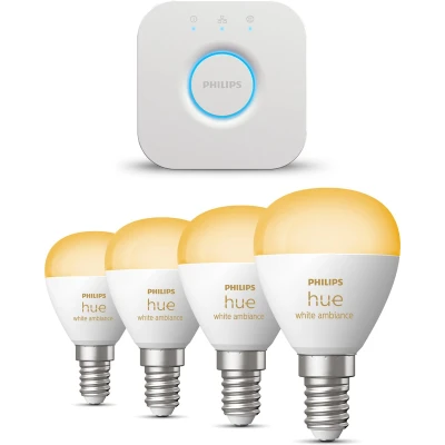 Afbeelding van Philips Hue Starterspakket White Ambiance Kogellamp E14 4 Lampen en Bridge Eenvoudige Installatie Werkt met Alexa Google Home