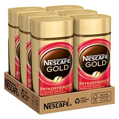 Afbeelding van NESCAFÉ GOLD cafeïnevrije oploskoffie, oploskoffie van voortreffelijke koffiebonen, vol &amp; aromatisch, cafeïnevrij, verpakking 6 stuks (6 x 100 g)