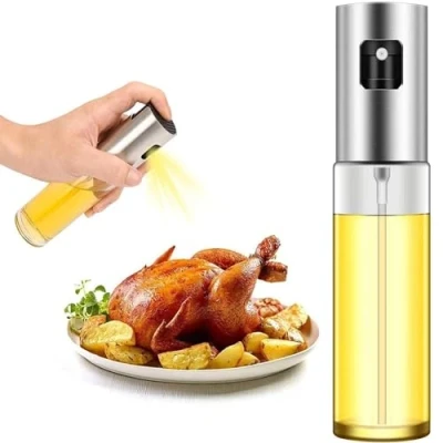 Afbeelding van TULMERO Oliesproeier, oliesprayer voor koken, 4 in 1 navulbare olie en azijndispenserfles, 100 ml heldere spuitfles met schaalverdeling, grillen, braden, salade, bakken (1)