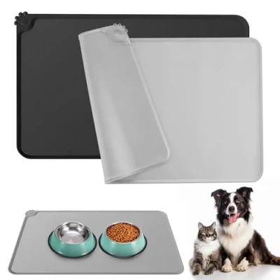 Afbeelding van Domkan 2 voerbakmatten voor honden, kattenbakmat, 48 x 30 cm, antislip, onderlegger waterdicht, siliconen mat grijs en zwart