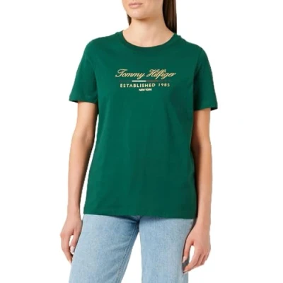 Afbeelding van Tommy Hilfiger Dames REG Script Graphic C NK SS WW0WW43502 S/S T shirt, sier groen, M, Groen (Sier Groen), M