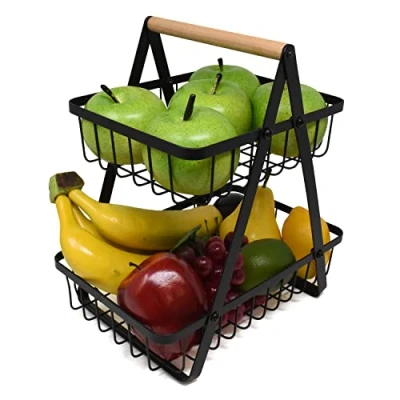 Afbeelding van Joeji&#039;s Kitchen zwarte 2 laagse standaard voor fruit en groenteopslag, roestvrije fruitmanden keukens, ruimtebesparende open draad groentemand fruitmand