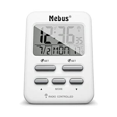 Afbeelding van MEBUS Funkwecker mit Temperaturanzeige in Reisegröße, Funkuhr (DCF77), Zwei Weckzeiten, Alarm Weckwiederholung (Snooze), Datum, Wochentag, Displaybeleuchtung, Farbe: Weiß, Modell: 25800