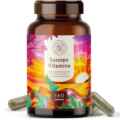 Afbeelding van Alpha Foods Vitamine D3 &amp; K2 20.000 IE Zon Vitaminen met Hoge Dosering, Voedingssupplement Omega 3 vetzuren en Chloerlla, 160 capsules