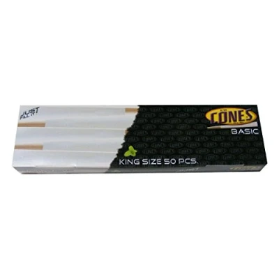 Afbeelding van 50 Pack Box of King Size Pre Rolled Ready Made Paper Smoking Cones Kingsize, zwart/wit
