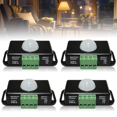 Afbeelding van 4 stuks led bewegingsmelder, DC 12 V 24 zwart bewegingssensor, mini lichaam infrarood beweging PIR sensor, schakelaar automatische draadloze IR bewegingsmeter voor ledstrips lampen