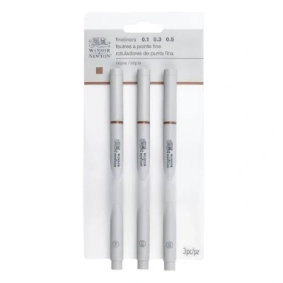 Afbeelding van Winsor &amp; Newton 0290109 Fineliner, pigmentliner voor precieze lijnen en contouren, hoogwaardige pigmentinkt, onuitwisbaar, lichtbestendig, lijndikte, set van 3 stuks in sepia