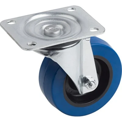Afbeelding van Metafranc Zwenkwiel Ø 100 mm 105 x 80 plaat Elastisch massief rubberen wiel zacht loopvlak rollagers 150 kg draagkracht/transportrol/meubelrol/zware lasten / 802600, blauw