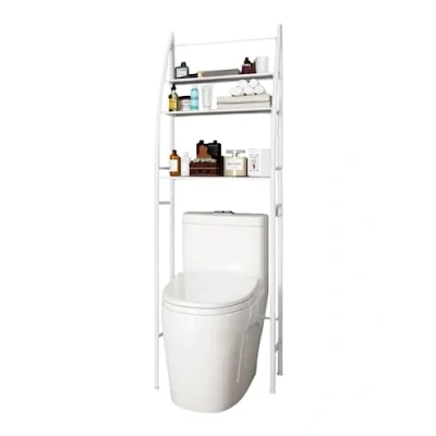 Afbeelding van Badkamerplank Boven Wit Toilet Bespaar Ruimte met 3 Planken Waterdichte Opbergplank In Hoogte Verstelbare Poten (Wit Metallic)