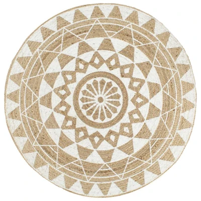 Afbeelding van Vloerkleed handgemaakt met witte print 120 cm jute