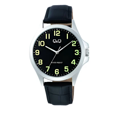 Afbeelding van Q&amp;Q C36A 014PY Horloge Heren Zilverkleurig Duidelijke wijzerplaat Zwart lederen band