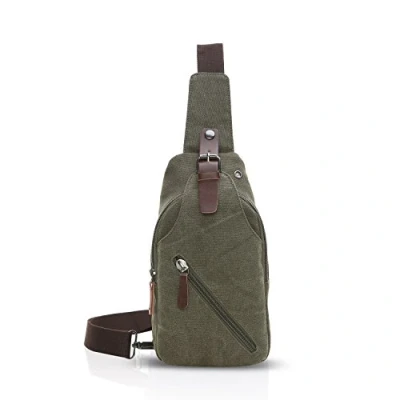 Afbeelding van FANDARE Sling Bag met hoofdtelefoonopening voor studenten, party, outdoor, multifunctionele schoudertas dames en heren, slijtvast canvas, legergroen, Large, Retro