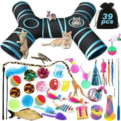 Afbeelding van YUTUY Kattenspeelgoedset,39 Stuks kattenspeelgoed Set met kattentunnel voor Indoor Katten Kattentunnels,Veerspeelgoed,Ballen,Grappige Kattenstok,Pluche Speelgoed,Speelgoedmuizen