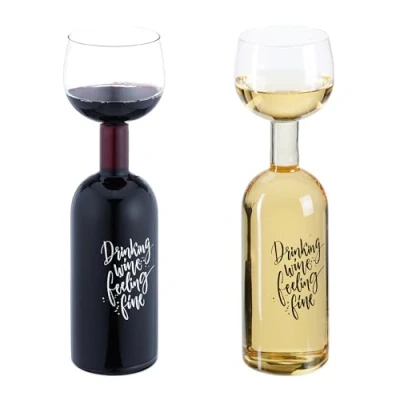 Afbeelding van Relaxdays wijnfles glas, xl, wijnglas met tekst, drinking wine feeling fine, voor wijnliefhebbers, 750 ml, transparant