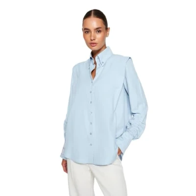 Afbeelding van Trendyol X Sagaza Studio Lichtblauw Geweven Poplin Overhemd Met Ruches En Tpraw22Go1191
