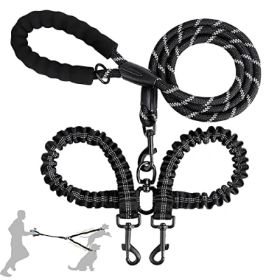 Afbeelding van EPROICKS dubbele riem, klitvrij, reflecterende riem voor twee honden, met gevoerde handgreep, hoge elastische korte halsband, hondenwandelingen/oefeningen