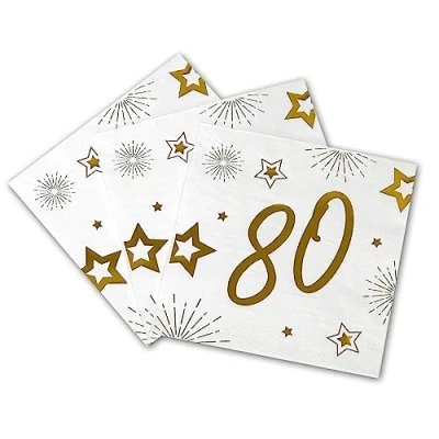Afbeelding van Tralala Fêtes® 16 servetten voor de 80e verjaardag wegwerp papieren drielaags feestelijke decoratie wit &amp; goud (goud) 33 x cm opengeklapt (80 jaar)
