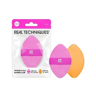 Afbeelding van REAL TECHNIQUES Miracle 2 in 1 poederbladerdeeg, dubbelzijdige make up blending bladerdeeg, omkeerbare elastische band, precisie upspons en poederdons, voor vloeistoffen, crème