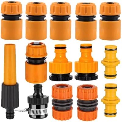 Afbeelding van ATB Foger 14 tuinslangaansluitset kunststof slangkoppeling, mondstuk, slanguiteinde snelkoppeling, slangreparatie connector, waterstop connector voor slangen, dubbele mannelijke klikconnector, 2 in 1