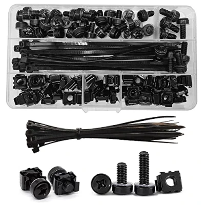 Afbeelding van 100 Stuks(40 Sets) M6 x 16/20mm Rack Schroeven Kooimoeren Set Assortiment Moeren Boutenkit voor Serverkasten Vierkante Gaten Mount Datakasten(Zwart)