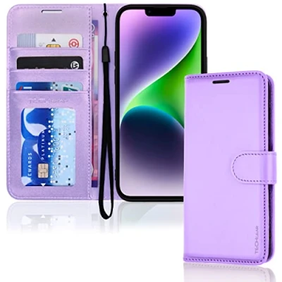 Afbeelding van TECHGEAR iPhone 14 lederen portemonneehoesje, flip beschermhoes met portemonnee kaarthouder, standaard en polsband paars PU leer magnetische sluiting voor 6,1 inch