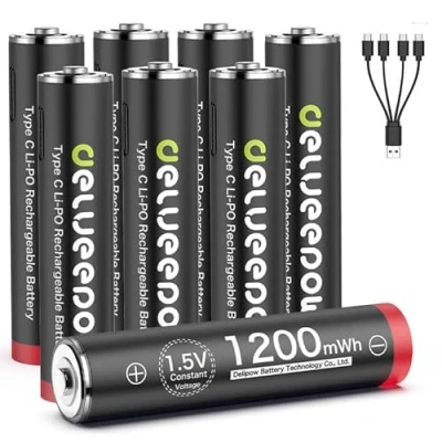 Afbeelding van Delyeepow USB C AAA oplaadbare 1,5 V 1200 mWh batterijen met 4 in 1 oplaadkabel, uur snel opladen, 1500 cyclus, 8 stuks