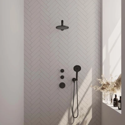 Afbeelding van BRAUER Black Edition thermostatische inbouw regendouche SET 07 met 20 cm douchekop en rechte muurarm 3 standen handdouche doucheslang