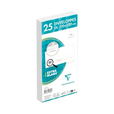Afbeelding van Clairefontaine 5985C Pakket van 25 witte enveloppen DL formaat (110x220 mm) Vooraf gevouwen Zelfklevend 80g/m² papiergewicht.