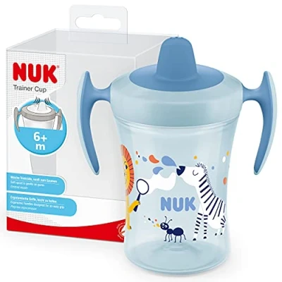 Afbeelding van NUK 10255608 Trainer Cup drinkbeker lekvrije beker met zachte drinksnavel &amp; ergonomische handgrepen 6 maanden 230 ml BPA vrij blauwe zebra,safari (blauw)