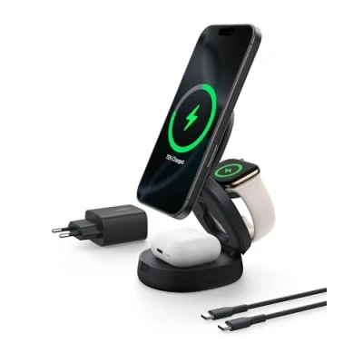 Afbeelding van Belkin MagSafe compatible Lader, 3 in 1 verstelbare magnetische laadstandaard, Qi2 gecertificeerd, 15 W draadloze oplader voor iPhone 16, Apple Watch, AirPods, antislip, 36W lader meegeleverd Zwart