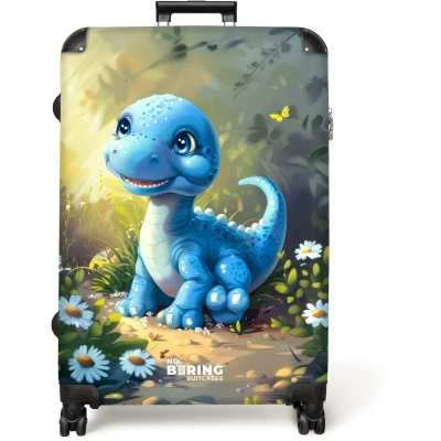 Afbeelding van NoBoringSuitcases.com® Koffer groot Reiskoffer lichtgewicht Blauwe dinosaurus omringd door madeliefjes Rolkoffer met 4 wielen Grote trolley XL 98 liter bagage
