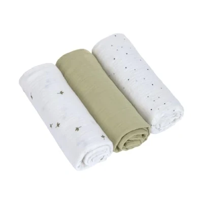 Afbeelding van LÄSSIG Baby inbakerdeken, spuugdeken, 3 delige set, katoen, 85 x cm, Swaddle &amp; Burp Blanket L Leave Olive